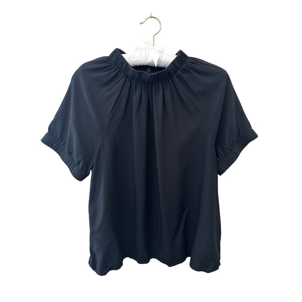 DOWNEAST Black Modal Blouse Short Sleeve Mock Neck Top Minimalist Career Medium